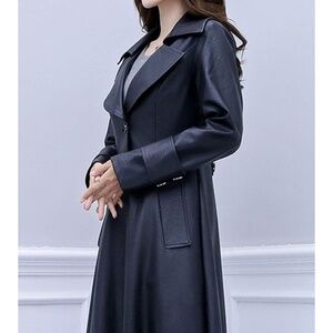 Ebossy Elegant Lapel Collar 2 Button Fit-Flare Pu Leather Long Trench Coat